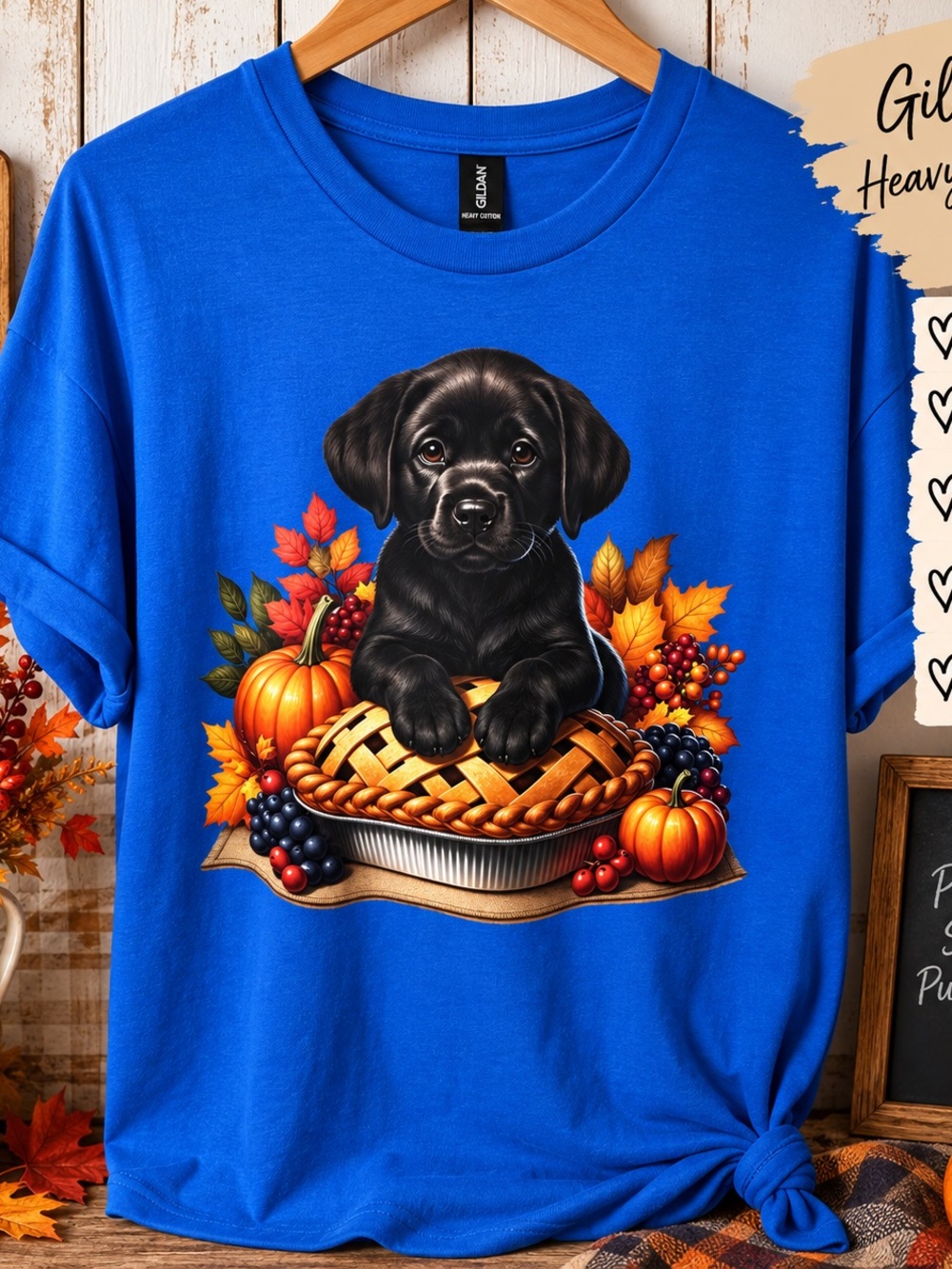 Gildan Royal Blue Tee with Black Labrador Puppy and Autumn Harvest Graphic